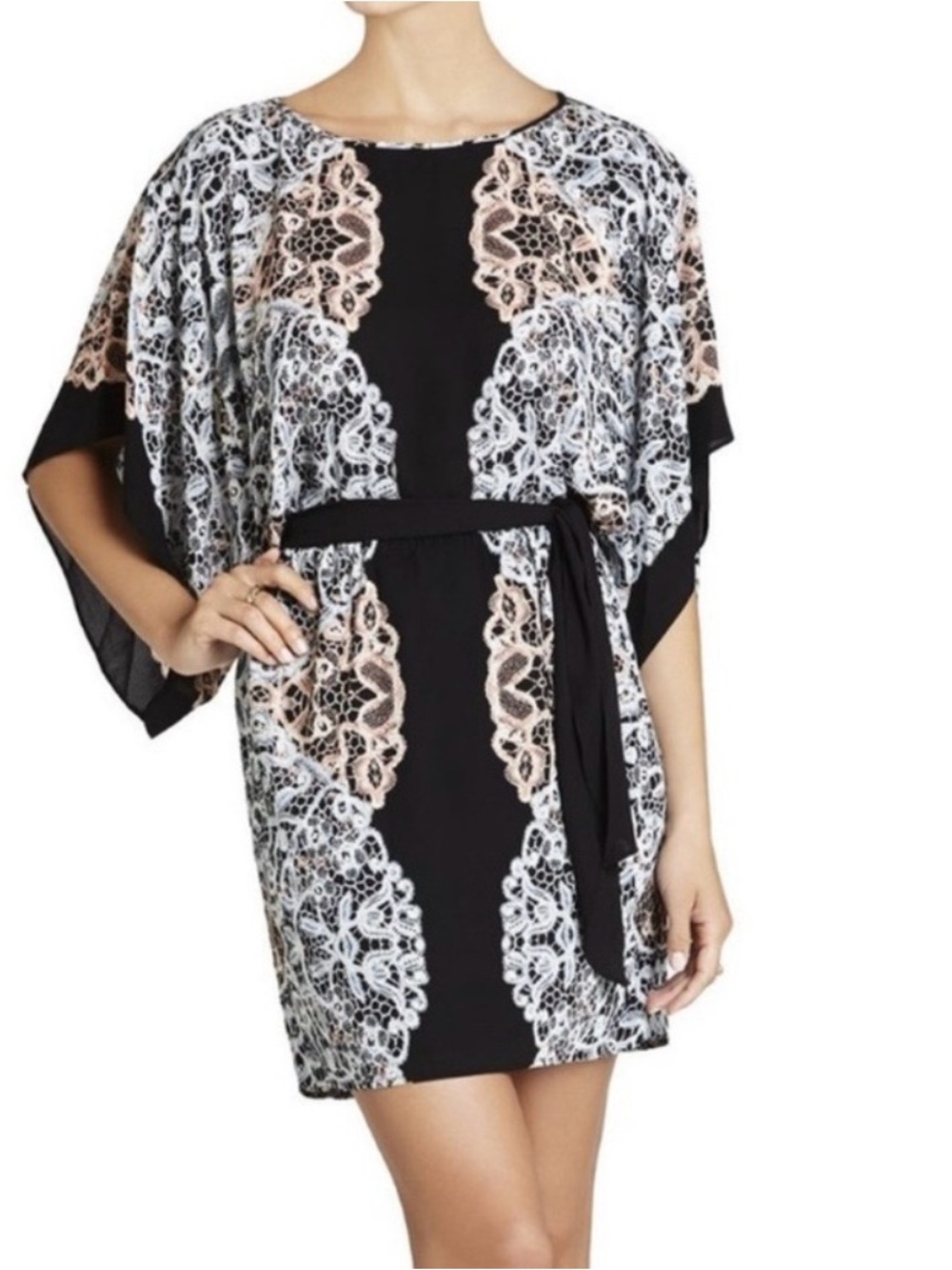 BCBGMaxAzria Black and Coral Print Kimono Dress Size-Small Old Hollywood